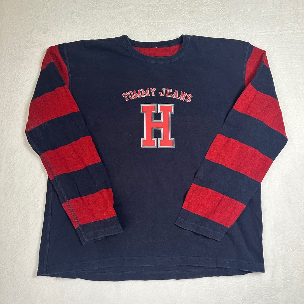 Vtg 90s Tommy Jeans Collegiate H Graphic Long Sleeve Shirt Size XXL Boxy Fit